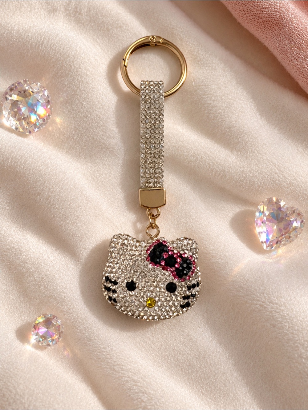 Rhinestone Kawaii Kitty Face with Pink Bow Bag Charm Keychain